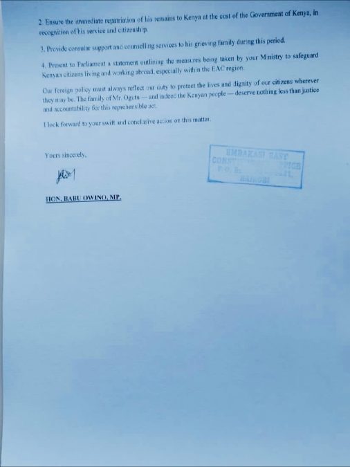 Page 2 of Babu Owino statement. PHOTO/Embakasi East MP Babu Owino speaks during a past event. PHOTO/https://www.facebook.com/babuowinongili