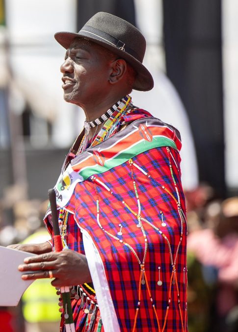 President William Ruto dressed in Maa attire during the transfer of Amboseli Park to Kajiando County. PHOTO/https://www.facebook.com/williamsamoei