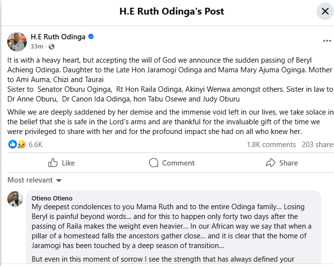 A post shared by Ruth Odinga. PHOTO/Screengrab by K24 Digital from @https://www.facebook.com/profile.php?id=100089817945495