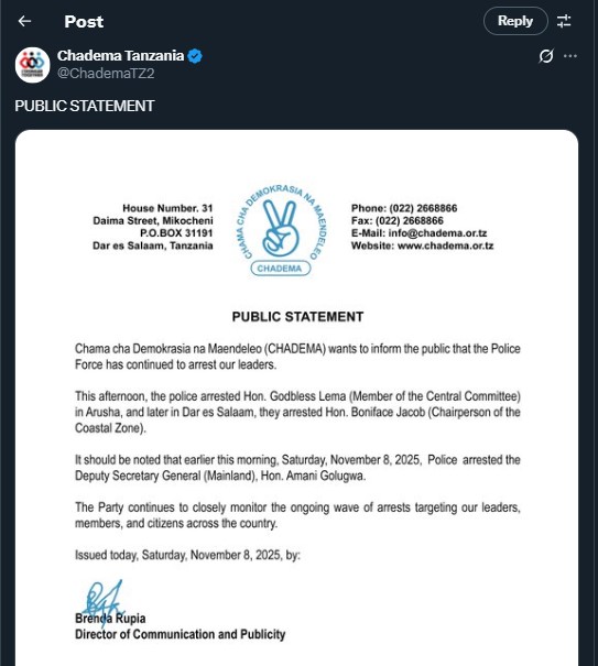 Part of the statement shared by CHADEMA on Saturday November 8, 2025. PHOTO/ Screengrab by K24 Digital/@ChademaTZ2/X