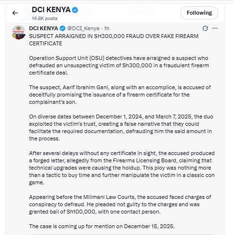 A DCI statement confirming fraud suspect arraigned in court. PHOTO/Screengrab by K24 Digital