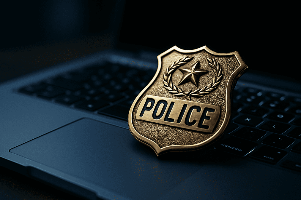 AI-generated image of a police logo placed on laptop keyboard. PHOTO/ChatGPT