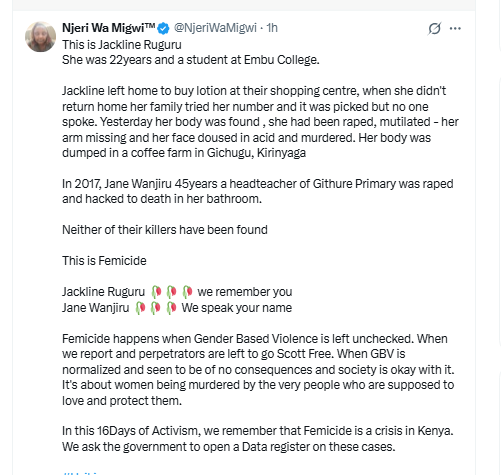 Njeri Wa Migwi's post on X condemning GBV. PHOTO/Screengrab by K24 Digital