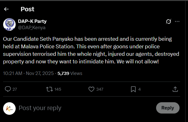 A post shared by DAP-K Party on X. PHOTO/Screengrab by K24 Digital from @DAP-Kenya
