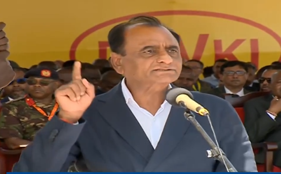 Devki CEO Narendra Raval making his address in Tororo, Uganda. PHOTO/Screengrab by K24 Digital