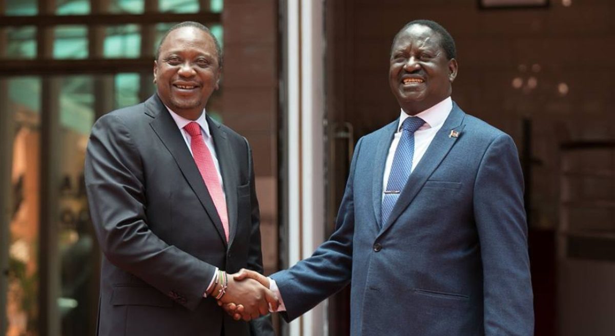 Uhuru Kenyatta and Raila Odinga shake hands on the steps of Harambee House on March 9, 2018, in a moment that coined the term “The Handshake.” PHOTO/@RashidMatselele/X