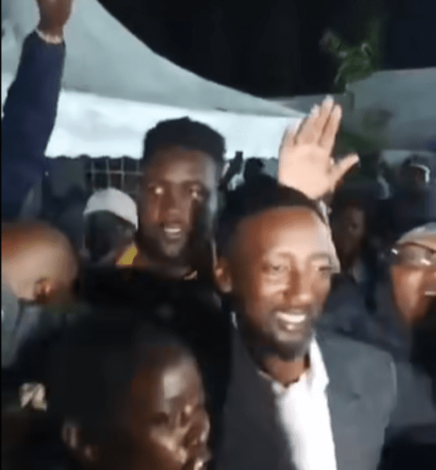 Leo Wamuthende celebrate with his supporters in Mbeere North. PHOTO/Screengrab by K24 Digital.