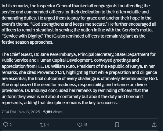 Part of the statement shared by the Natonal Police Service on Saturday November 8, 2025. PHOTO/ Screengrab by K24 Digital/@NPSOfficial_KE/X