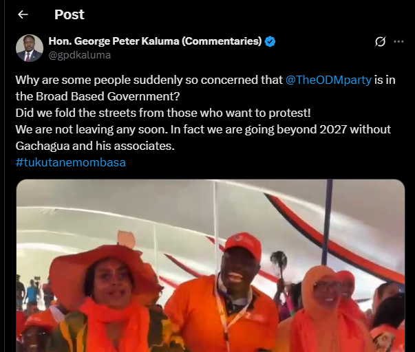A post shared by Peter Kaluma on X. PHOTO/Screengrab by K24 Digital from @gpdkaluma