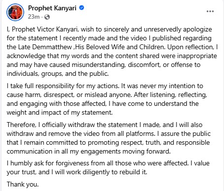 Pastor Kanyari's apology to the late De' Mathew's family. PHOTO/https://www.facebook.com/prophetkanyari