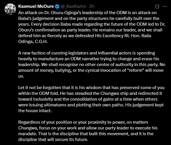 A post shared by Kasmuel McOure on X. PHOTO/Screengrab by K24 Digital from @KasKazini