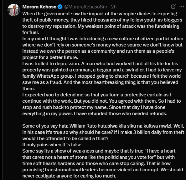 A post shared by Morara Kebaso. PHOTO/Screengrab by K24 Digital Digital from @MoraraKebasoSnr