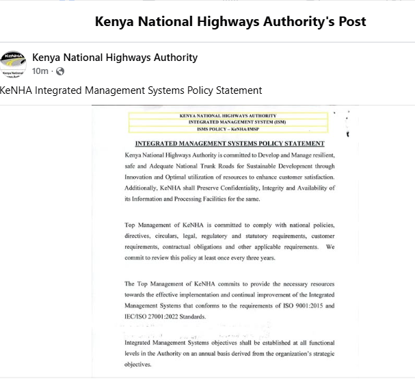 A post shared by KeNHA on Facebook. PHOTO/Screengrab by k24 Digital from https://www.facebook.com/KeNHAKenya1