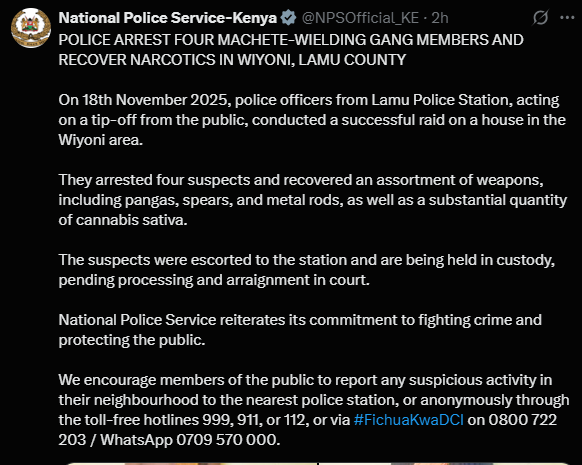A post shared by NPS on X. PHOTO/Screengrab by K24 digital from @NPSOfficial_KE
