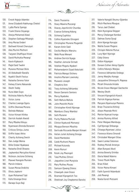 A list of some of the admitted advocates. PHOTO/@Kenyajudiciary/X
