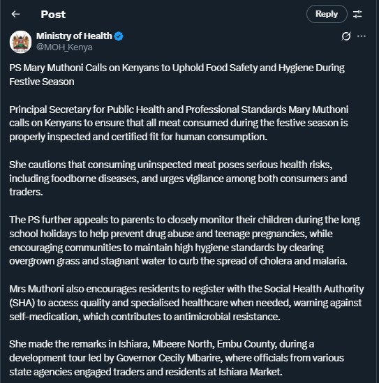 Part of the statement shared by the Ministry of Health on Saturday November 8, 2025. PHOTO/ Screengrab by K24 Digital/@MOH_Kenya/X