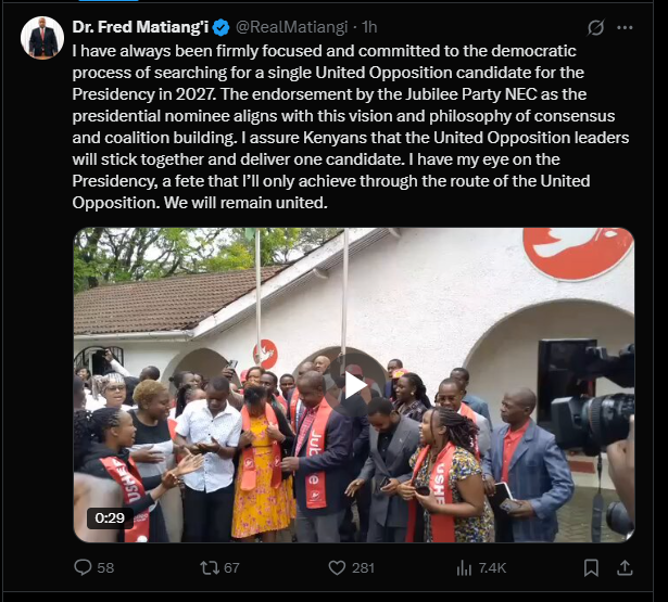 A post shared by Fred Matiang'i on X. PHOTO/Screengrab by K24 Digital from @RealMatiangi