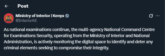 Part of the statement shared by the Ministry of Interior on Tuesday November 4, 2025. PHOTO/Screengrab by K24 Digital/@InteriorKE/X