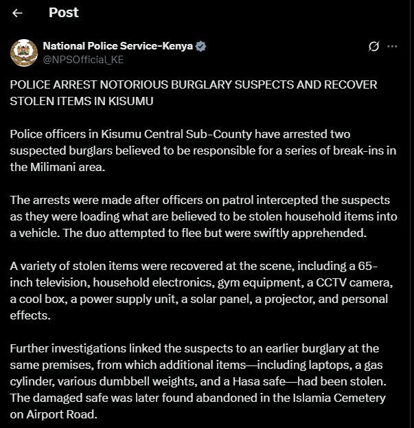 A post shared by the NPS on X. PHOTO/Screengrab by K24 Digital from @NPSOfficial_KE
