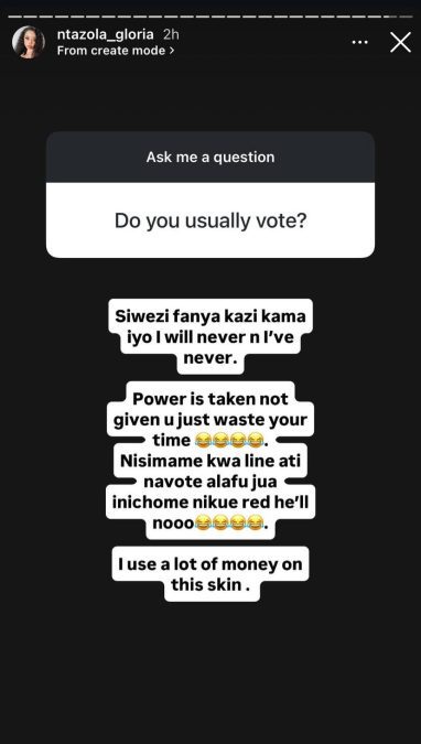 Ntazola’s response after a fan asked her whether she votes. PHOTO/Screengrab by K24 Digital of Instagram post by @ntazolagloria
