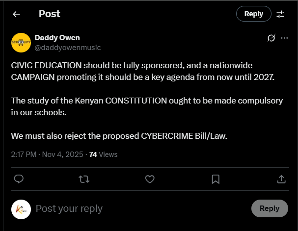 A post shared by Daddy Owen on his X. PHOTO/Screengrab by K24 Digital from @daddyowenmusic