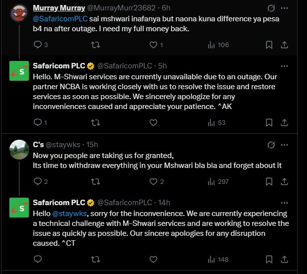 Screengrab showing frustrated customers on Safaricom's comment section on X. PHOTO/ Screengrab by K24 Digital from @SafaricomPLC
