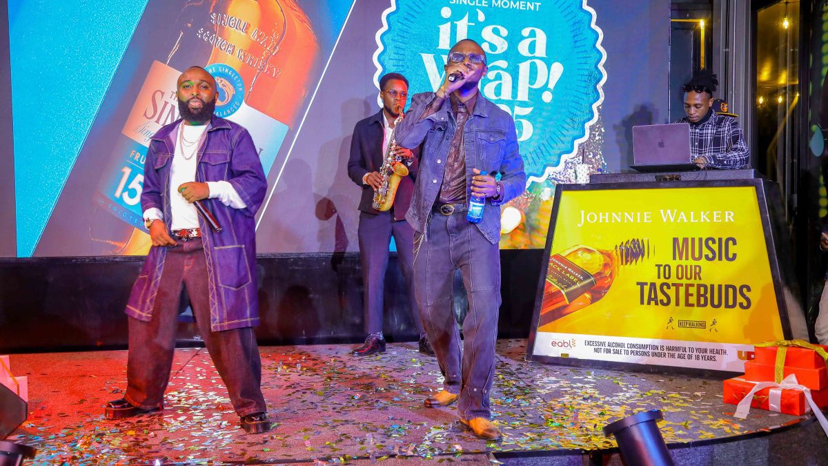 Sensational music duo known for their Afro-pop music with an influence of rap and poetry, Vijana Barubaru entertain the audience in attendance during the IPS festive campaign launch at EABL Microbrewery. PHOTO/EABL