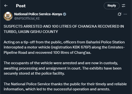 Part of police statement on Saturday November 22, 2025 confirming the operation in Uasin Gishu. PHOTO/ Screengrab by K24 Digital/@NPSOfficial_KE/X
