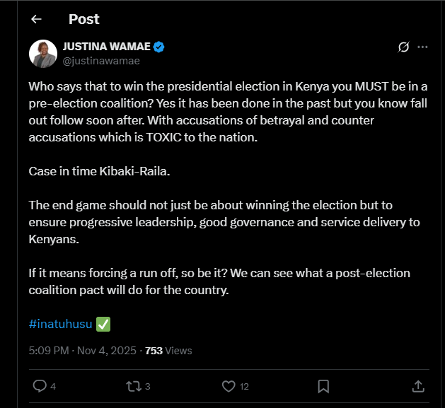 A post shared by Justina Wamae. PHOTO/Screengrab by K24 Digital from @justinawamae