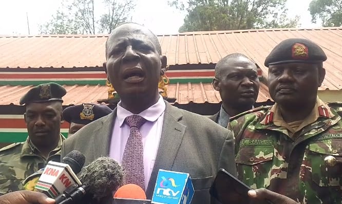 Embu county security committee led by county commissioner Jack obuo (centre) when they addressed press in Embu town. PHOTO/Dennis Fundi