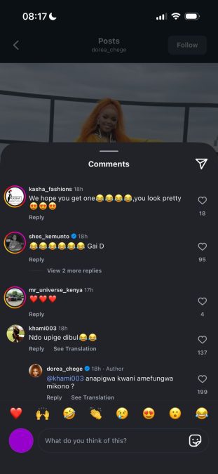 Screengrab of Dorea Chege's comment section. PHOTO/Screengrab by K24 Digital from @dorea_chege