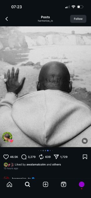 Tanzanian singer Harmonize as he debuts bold bald look on Instagram. PHOTO/ Screengrab by K24 Digital from @harmonize_tz