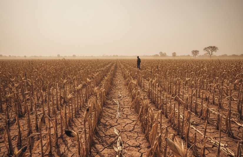 This picture depicts a scene of agricultural distress, specifically showing a field of failed maize crops that are dry, brown, and withered. Image used for illustration. PHOTO/Gemini