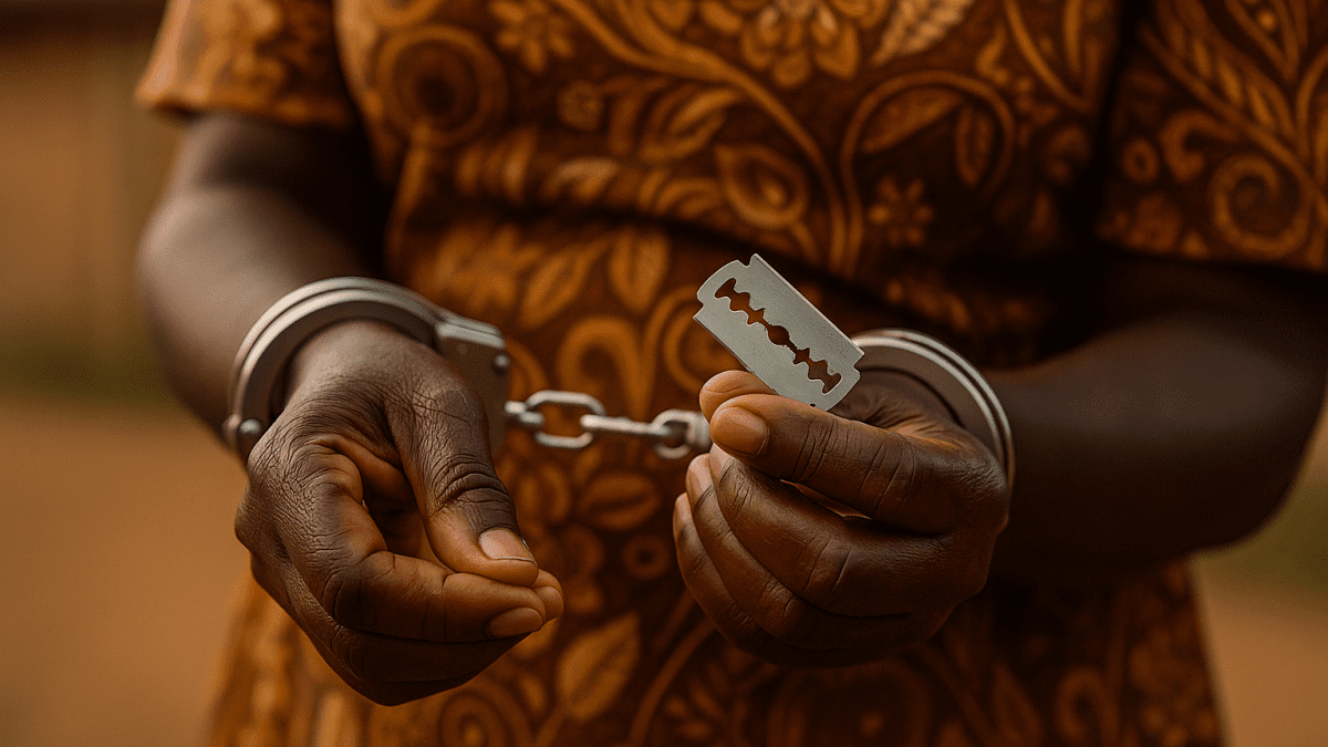 AI-generated image showing an handcuffed woman holding a razorblade. PHOTO/ChatGPT