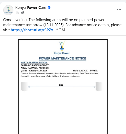 Kenya Power notification of a planned system blackout. PHOTO/Screengrab by K24 Digital