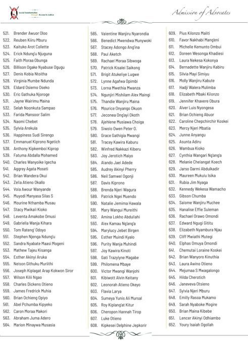 A list of some of the admitted advocates. PHOTO/@Kenyajudiciary/X
