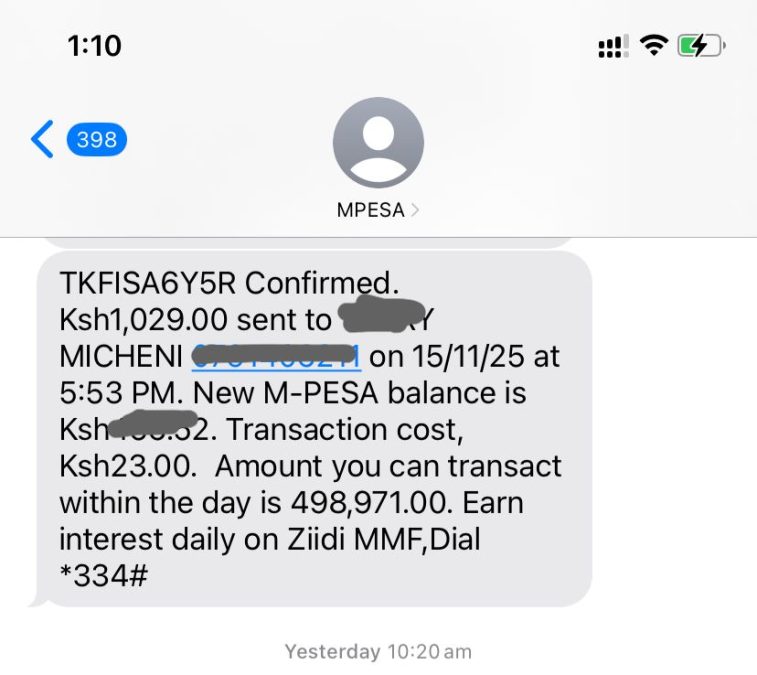 An M-Pesa notification displayed on an iOS device, with the balance and recipient details concealed. PHOTO/Steve Ireri