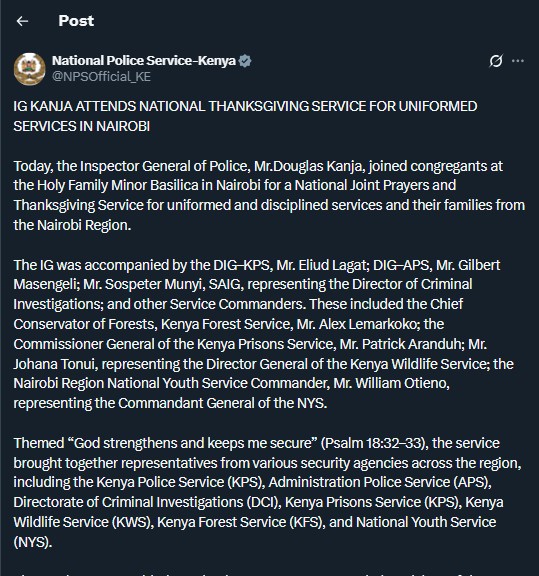 Part of the statement shared by the Natonal Police Service on Saturday November 8, 2025. PHOTO/ Screengrab by K24 Digital/@NPSOfficial_KE/X