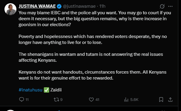 A post shared by Justina Wamae on X. PHOTO/Screengrab by k24 Digital from @justinawamae