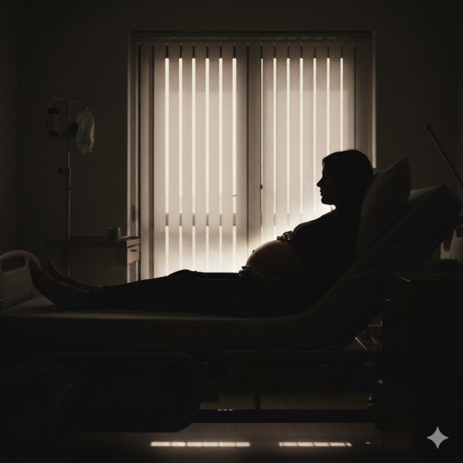 A silhouette of a pregnant woman lying on a hospital bed. Image is used for illustration.