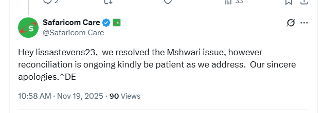 Safaricom Care on X confirms M-Shwari glitch. PHOTO/Screengrab by K24 Digital