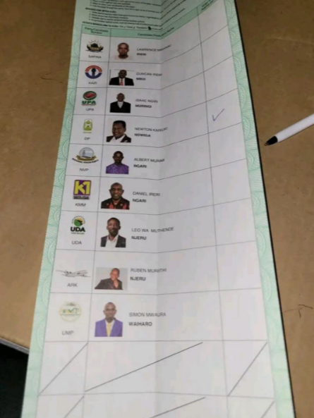 IEBC slip containing candidates of Mbeere North minipoll. PHOTO/@NjiruAdv/X