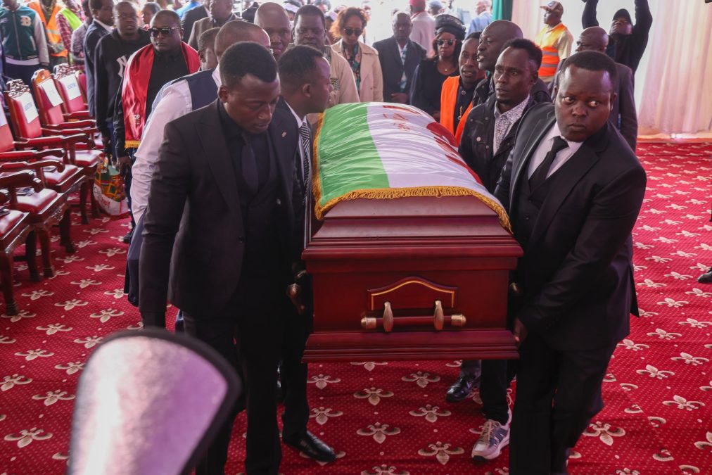 Pallbearers carry the casket of the late Cyrus Jirongo on Tuesday, December 30, 2025 in Kakamega. PHOTO/https://www.facebook.com/SpeakerMosesMasikaWetangula/