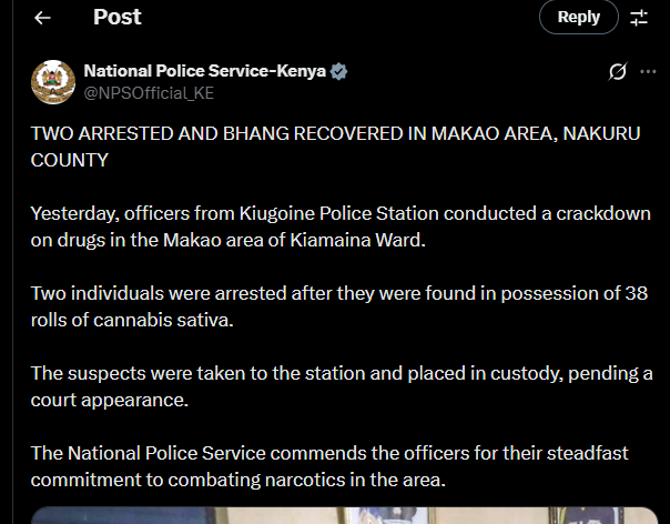 A post shared by the National Police Service (NPS) on X. PHOTO/Screengrab by K24 Digital from @NPSOfficial_KE
