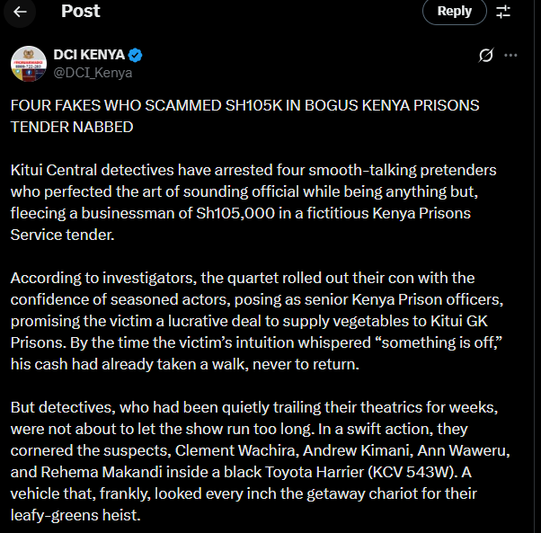 A post shared by the DCI on X. PHOTO/Screengrab by K24 Digital from @DCI_Kenya