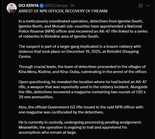 A post shared by DCI on X. PHOTO/Screengrab by K24 Digital 