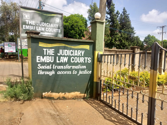 A signboard at the entrance of the Embu Law Courts. PHOTO/ Brian Malila