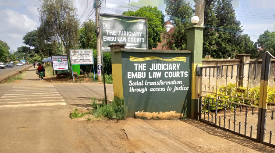 A signboard at the entrance of the Embu Law Courts. PHOTO/ Brian Malila
