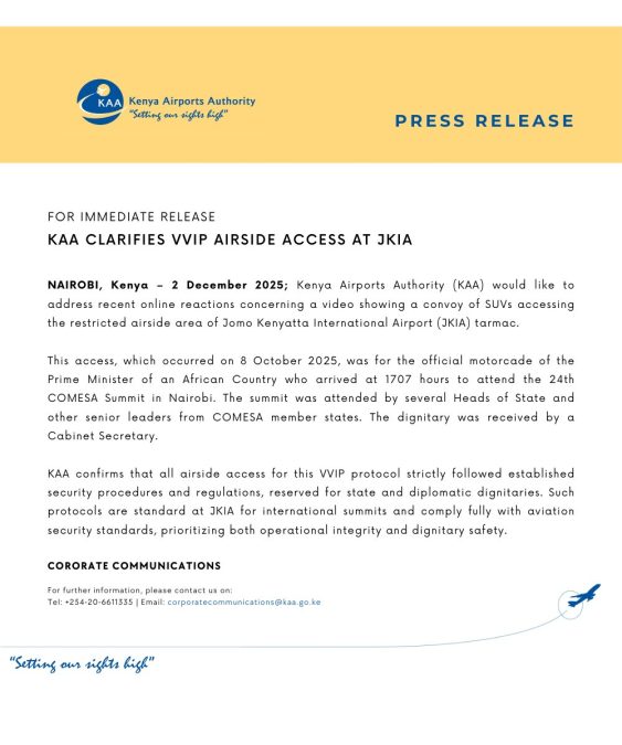 A statement released by KAA on. PHOTO/@KenyaAirports/X