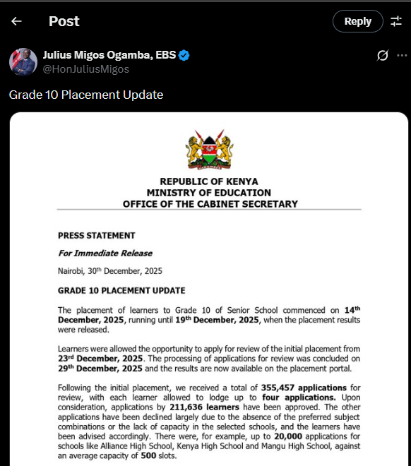 A post shared by CS Julius Migos Ogamba on his X account. PHOTO/@HonJuliusMigos/X
